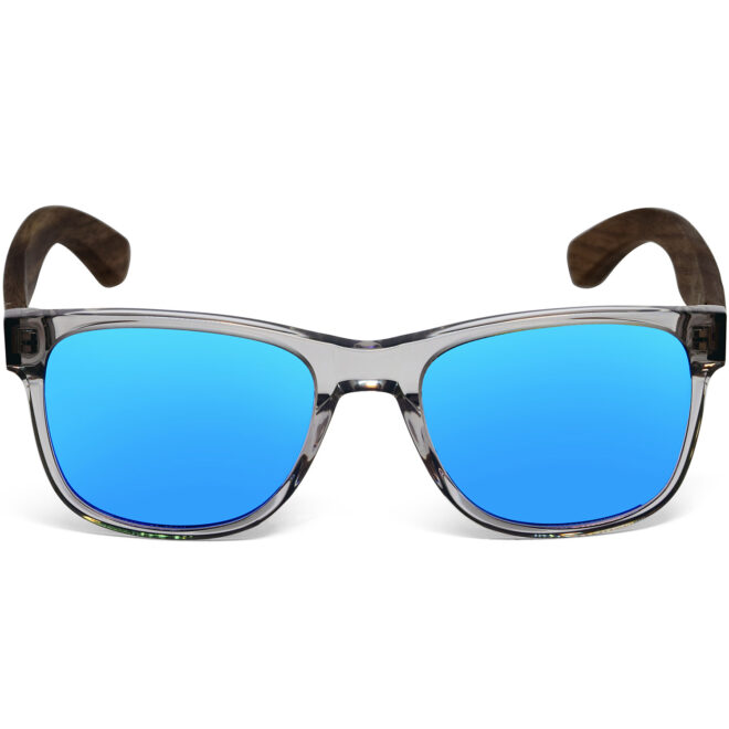 Walnut wood sunglasses classic style transparent frame with blue lenses front