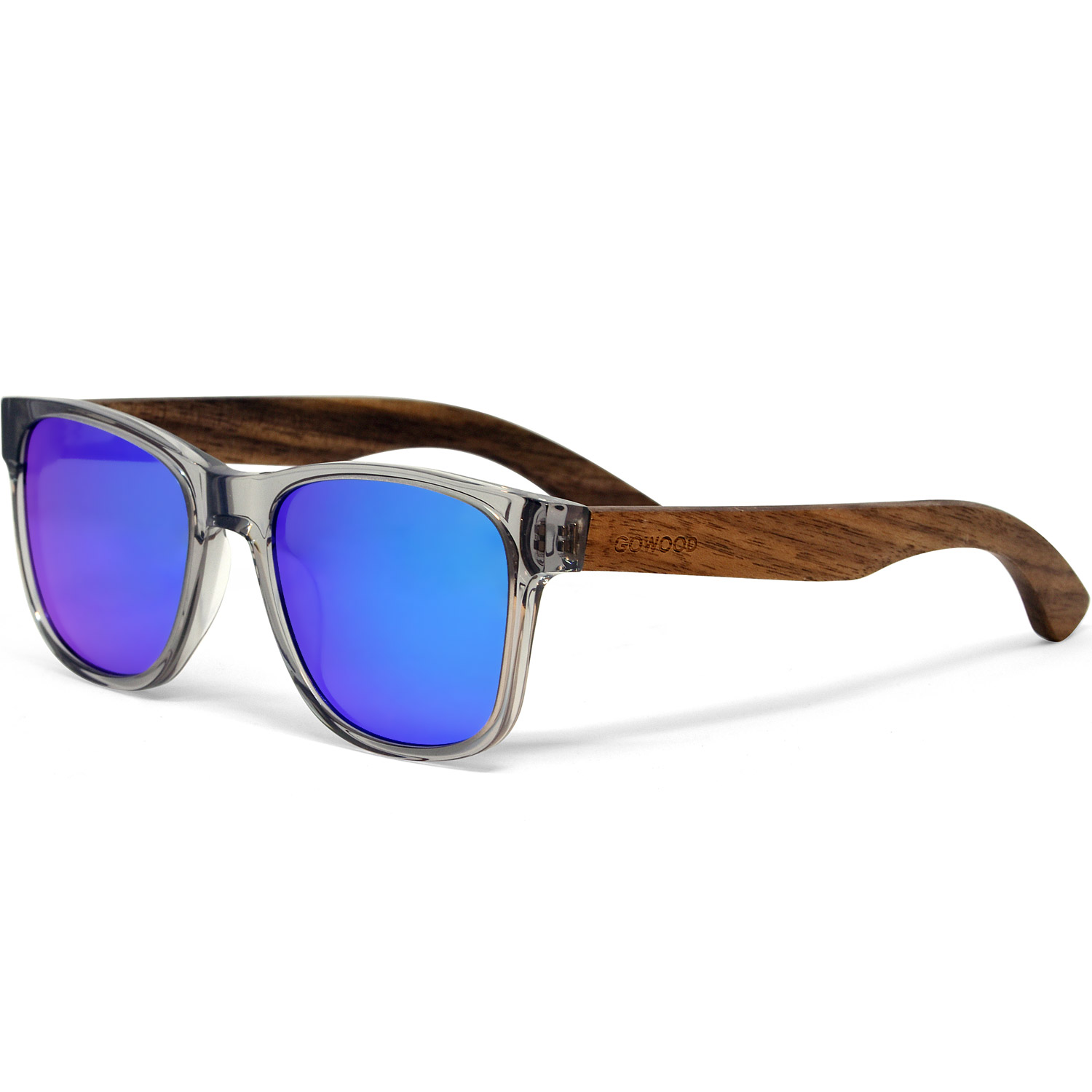 Walnut wood sunglasses classic style transparent frame with blue lenses left