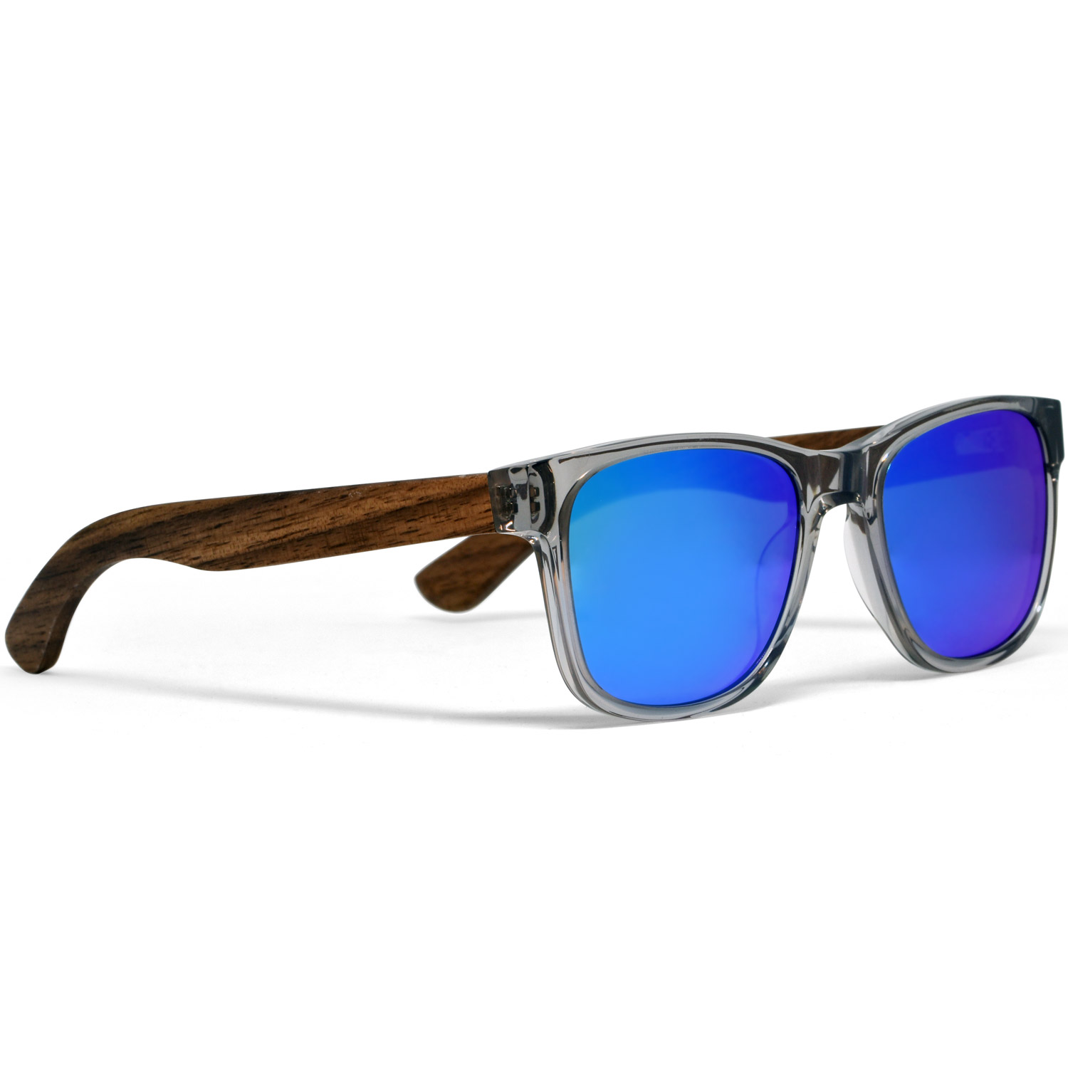 Walnut wood sunglasses classic style transparent frame with blue lenses right
