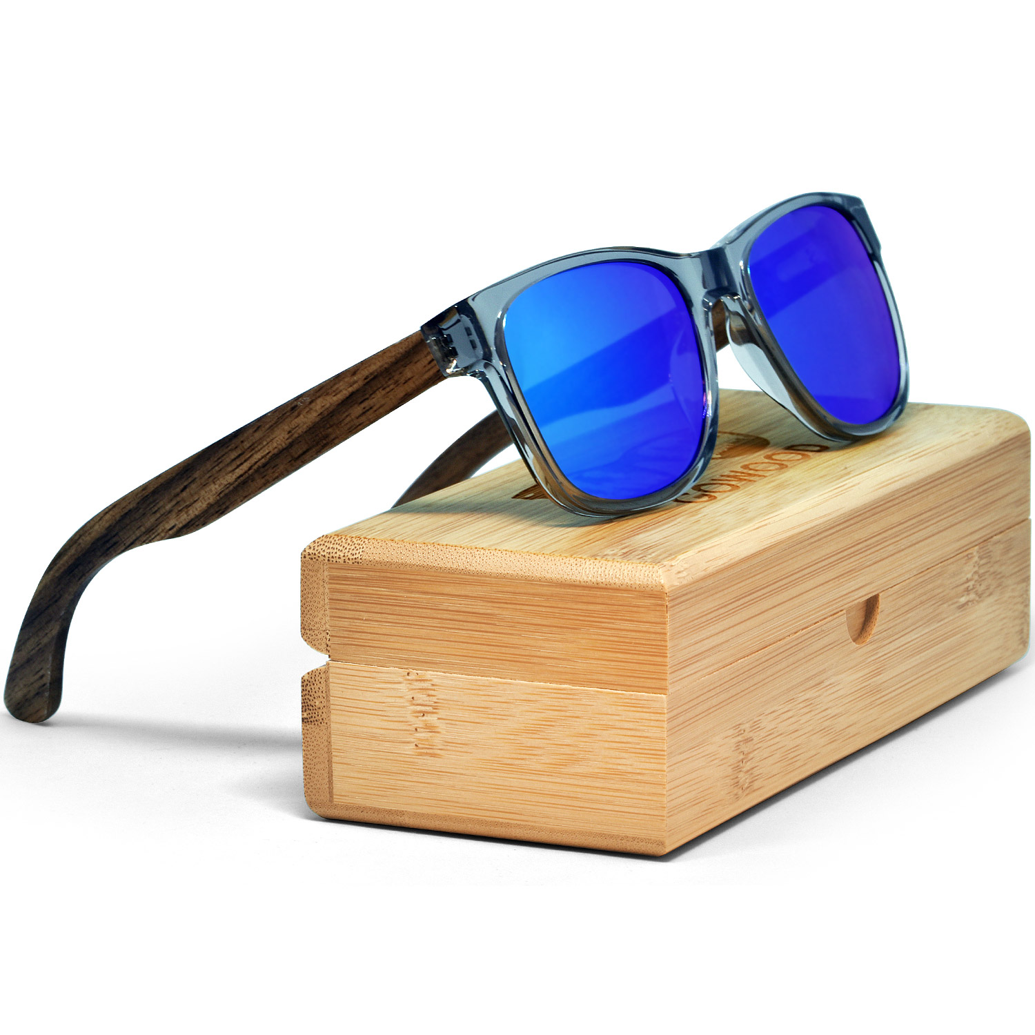 Walnut wood sunglasses classic style transparent frame with blue lenses bamboo box