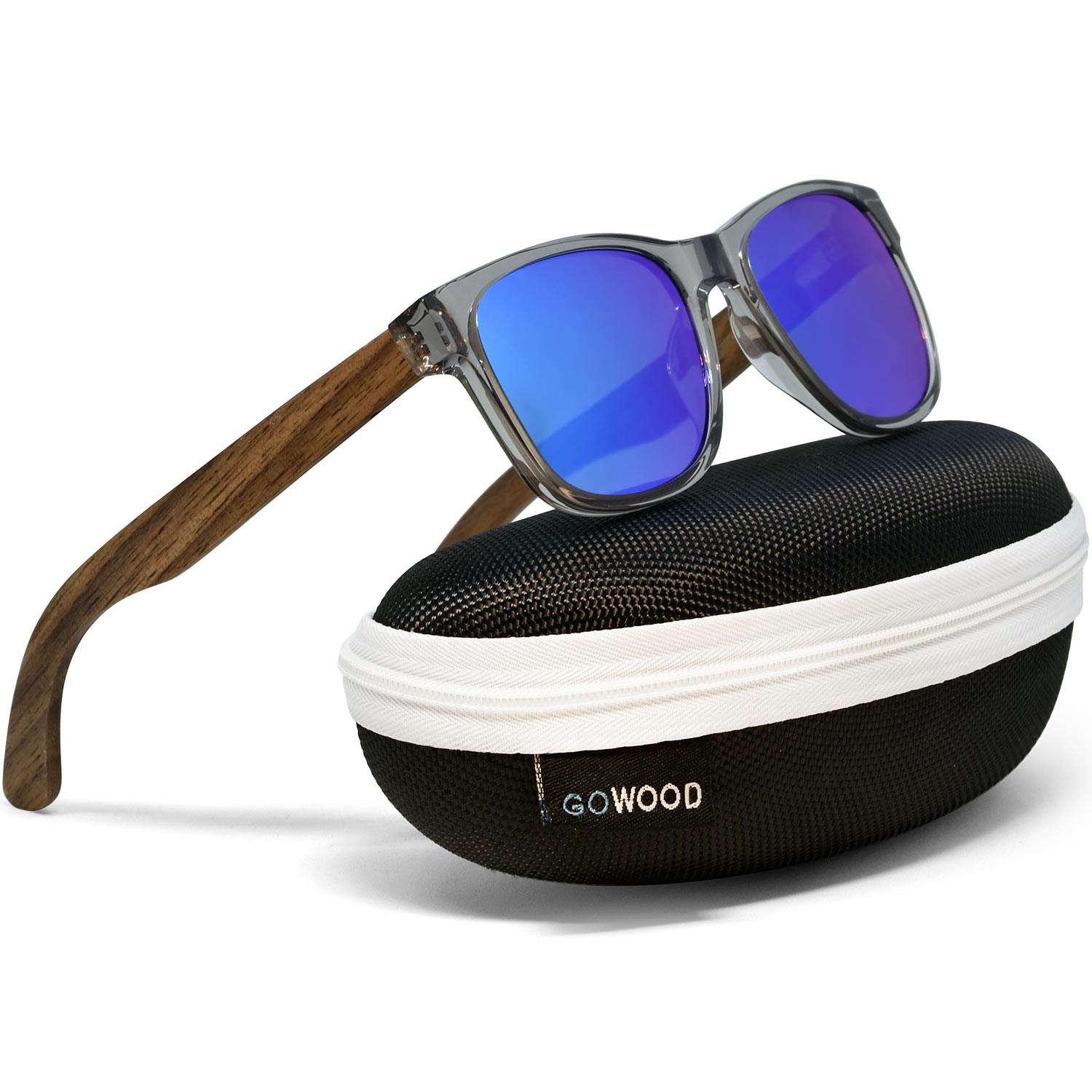 Walnut wood sunglasses classic style transparent frame with blue lenses zipper case
