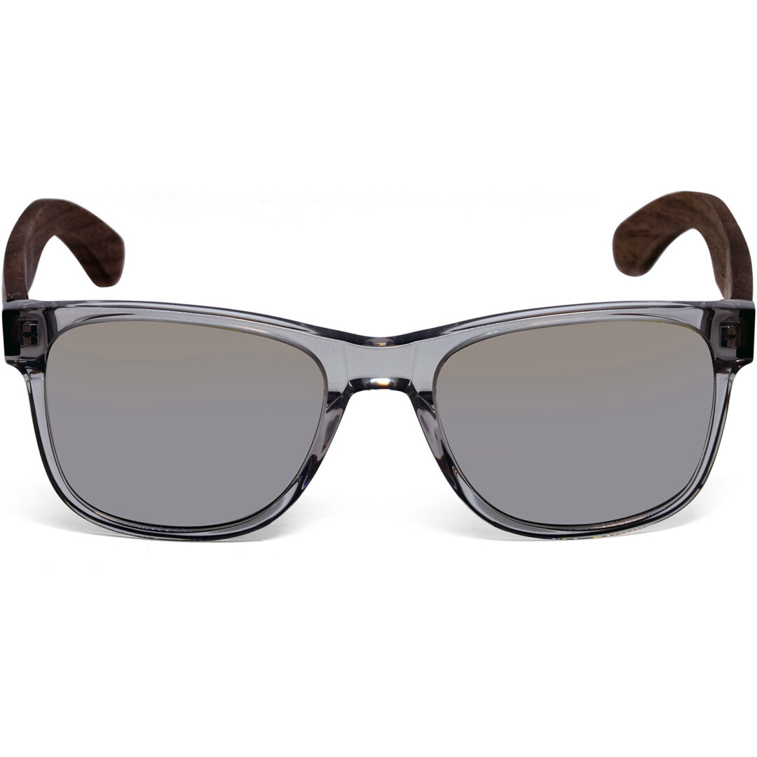 Walnut wood sunglasses classic style transparent frame with silver lenses front