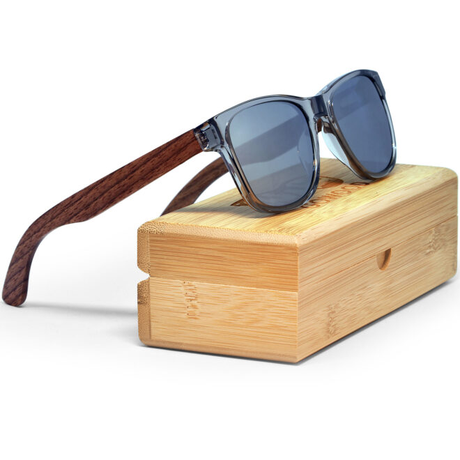 Walnut wood sunglasses classic style transparent frame with silver lenses bamboo box