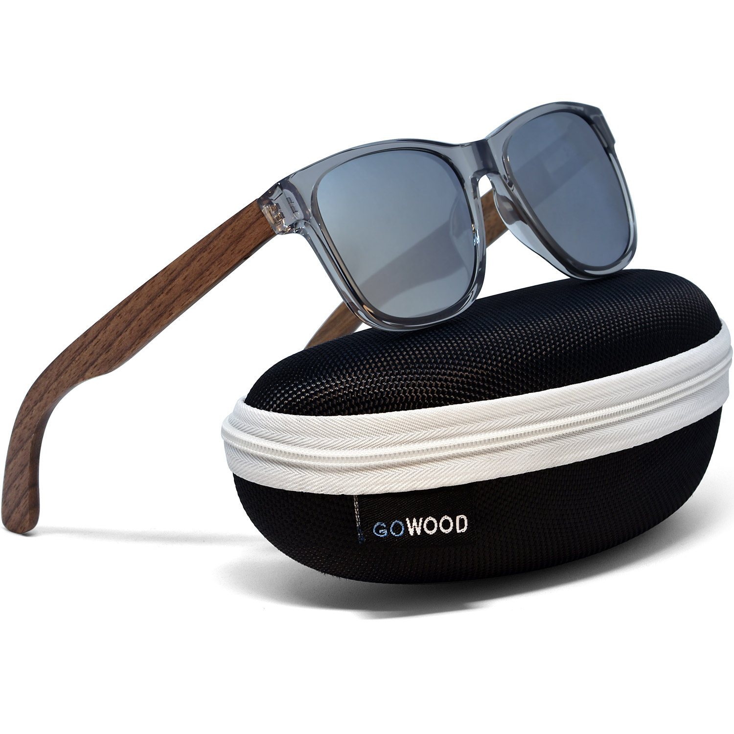 Walnut wood sunglasses classic style transparent frame with silver lenses zipper case
