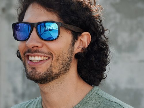 Square wood sunglasses with blue mirrored lenses