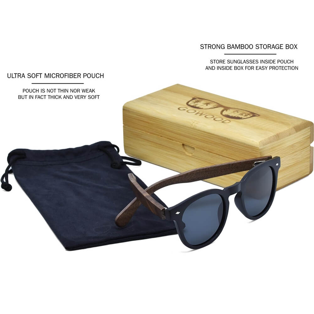 A pair of round wooden sunglasses with a bamboo storage box and a soft microfiber pouch