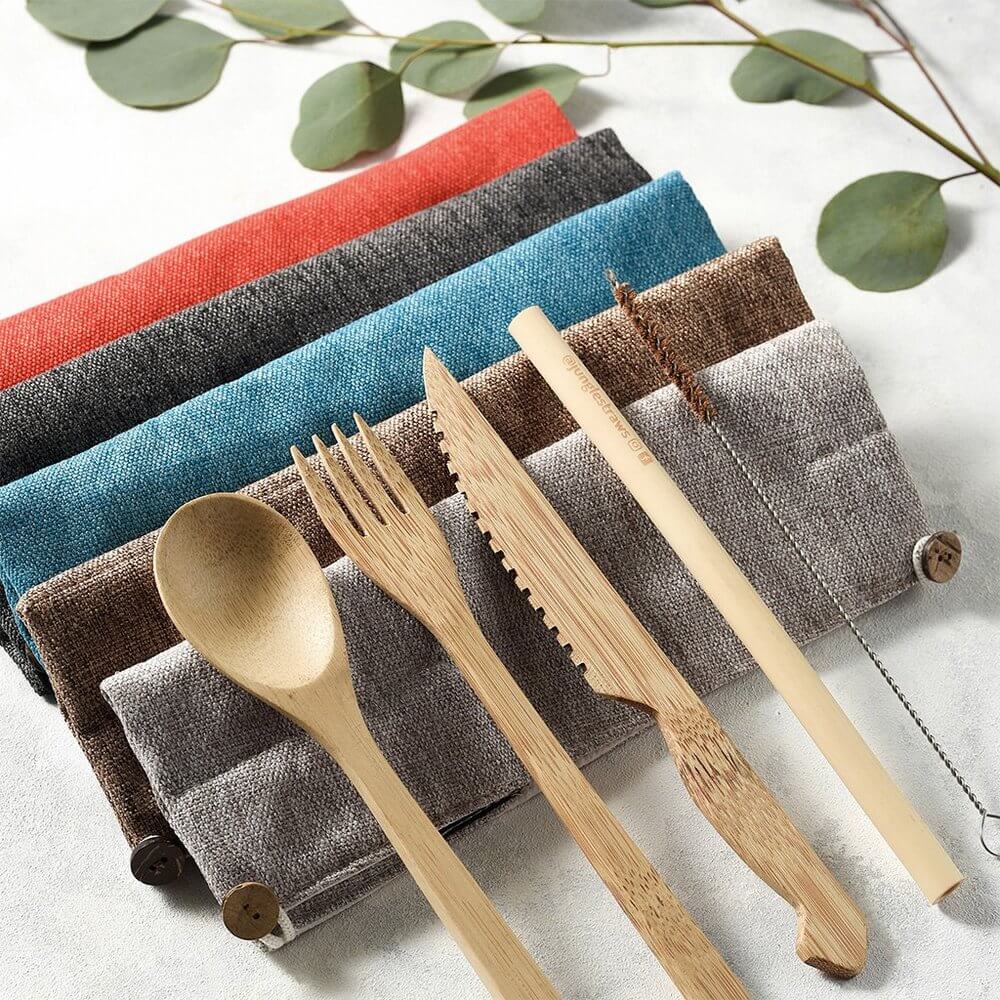 Gift Bamboo travel utensil set including bamboo fork, knife, spoon and a straw