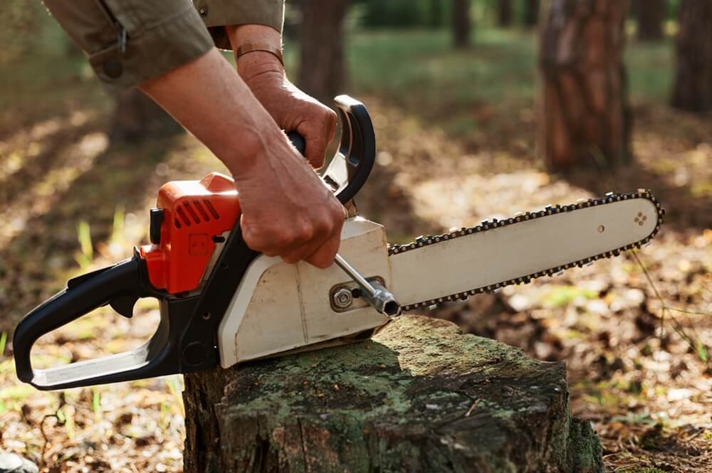 An outdoor shot of a worker fixing a chainsaw before deforestation
