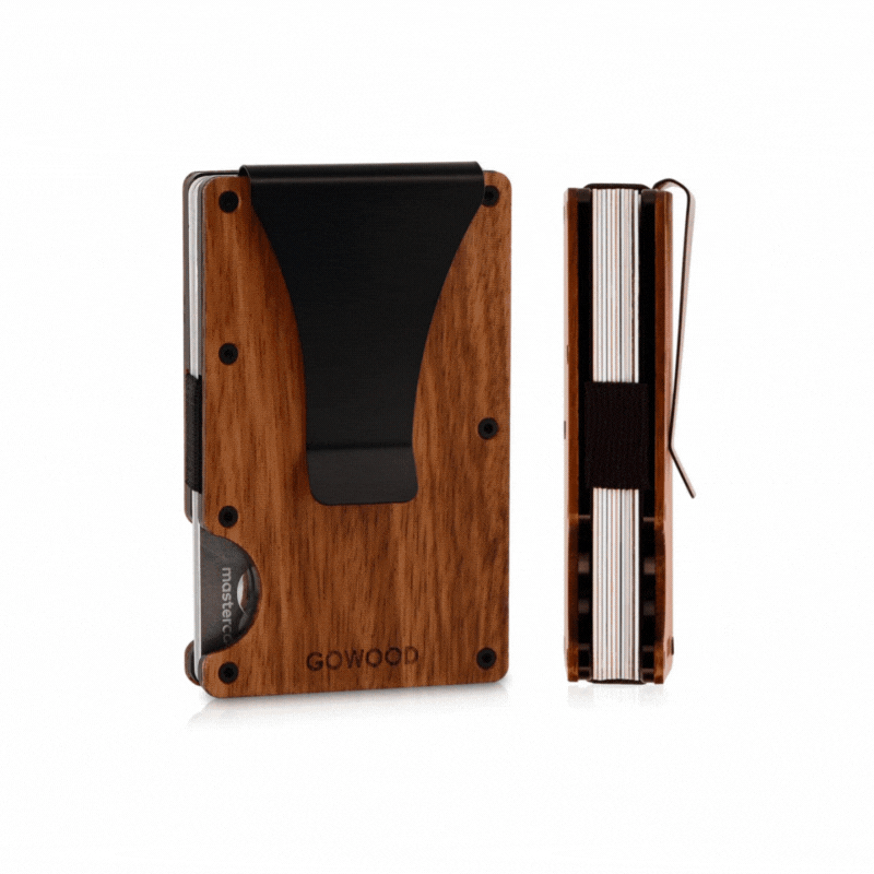 GOWOOD collection of RFID wallets, minimalist wood and metal cardholders