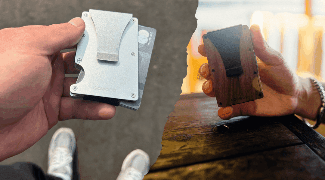 A split image wood wallet vs. cardholder displaying two different wallet styles a silver metal cardholder and on the right, a dark wood wallet