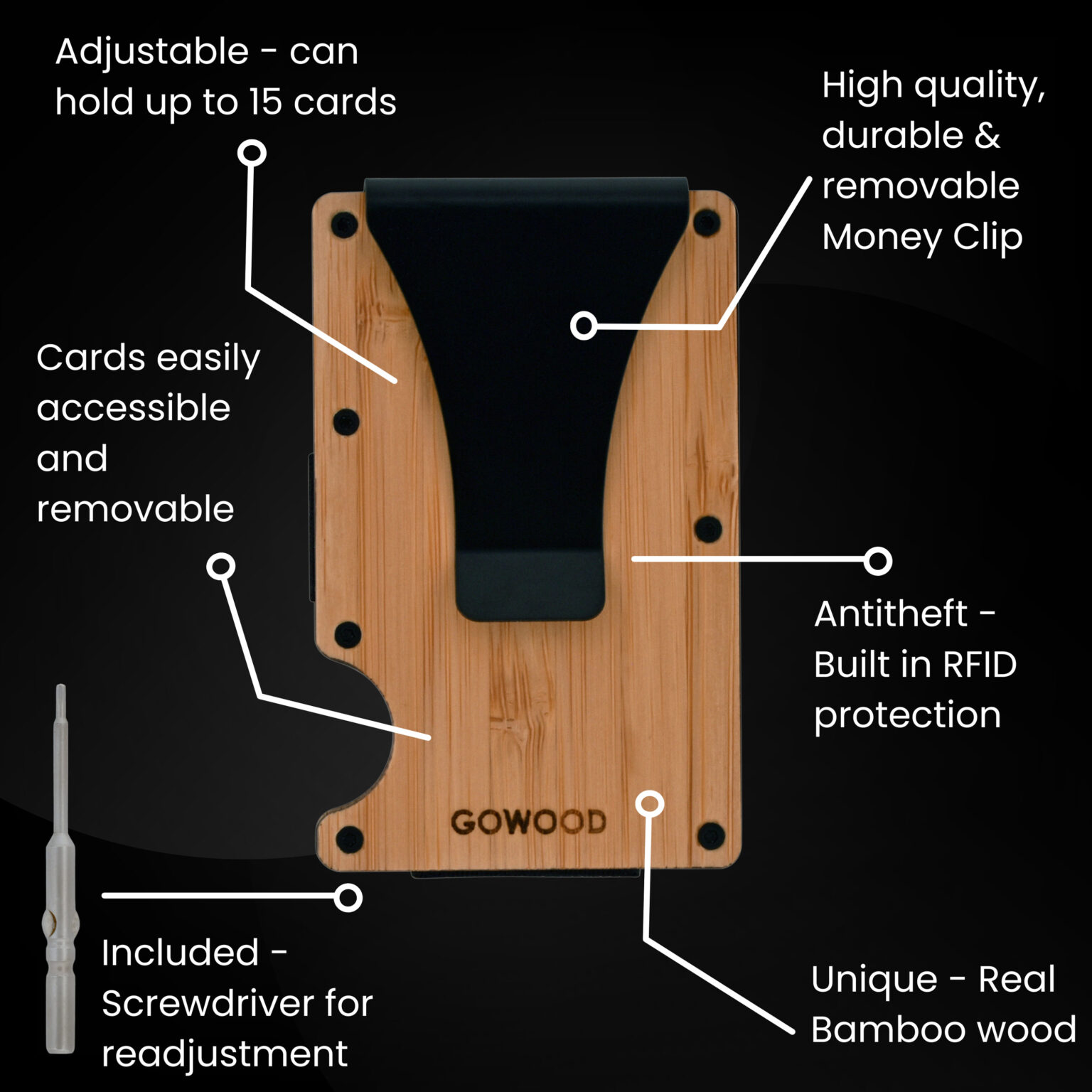 Bamboo wood wallet and minimalist cardholder with RFID protection