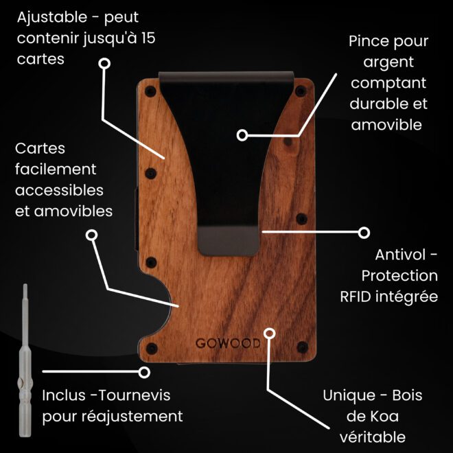 Portefeuille en bois de koa et porte-cartes compact avec protection RFID