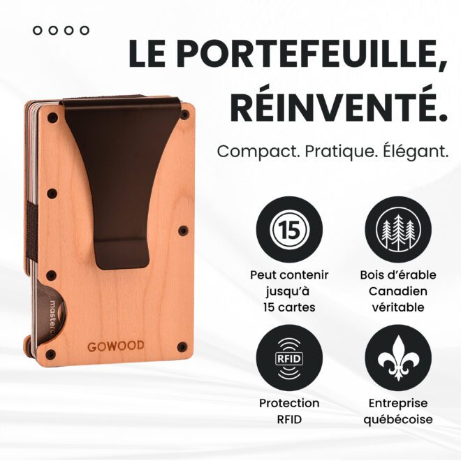 Portefeuille en bois d'érable canadien et porte-cartes compact avec protection RFID