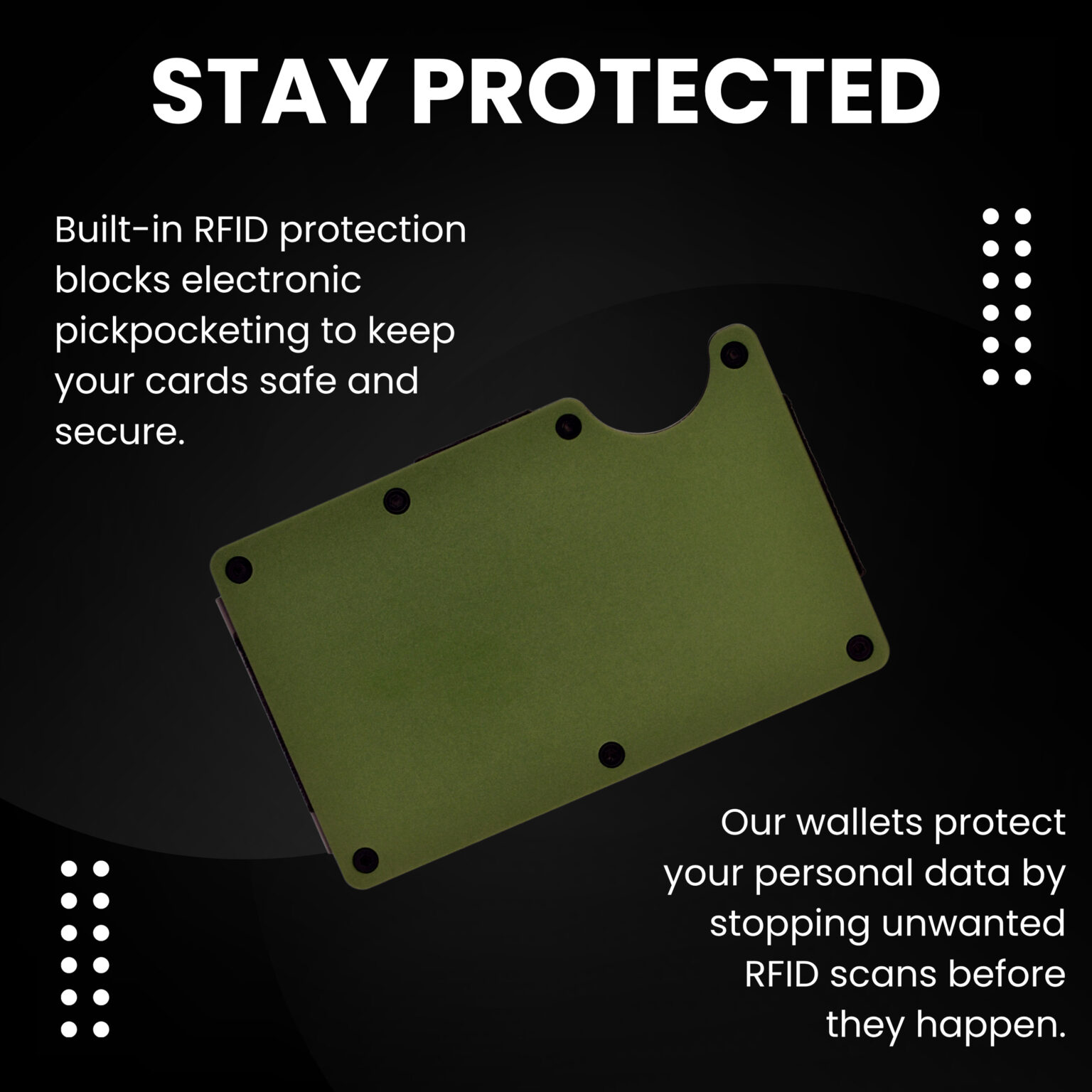 Green metal wallet and minimalist cardholder with RFID protection