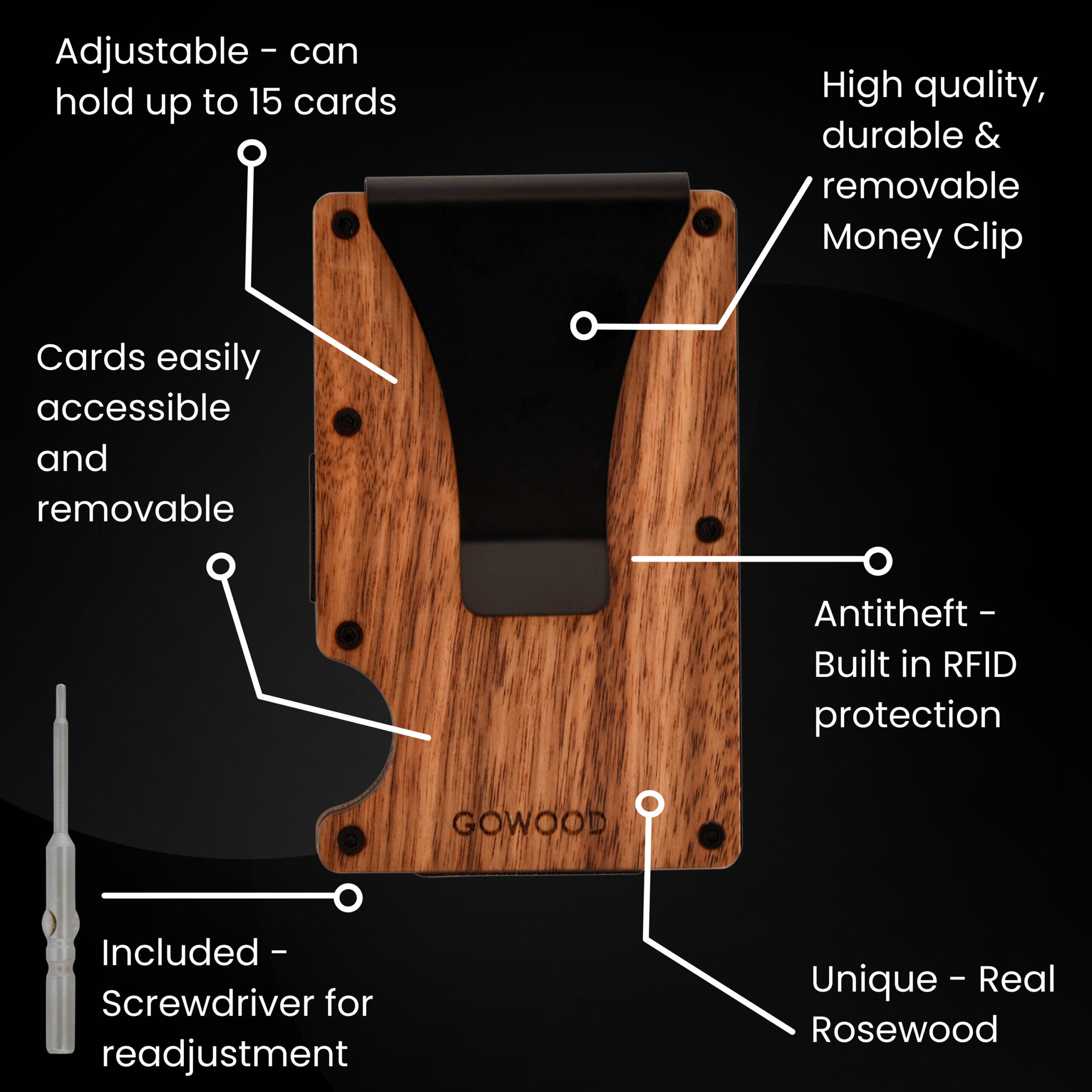 Rosewood wallet and minimalist cardholder with RFID protection