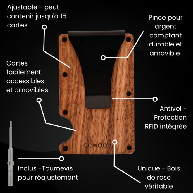 Portefeuille en bois de rose et porte-cartes compact avec protection RFID